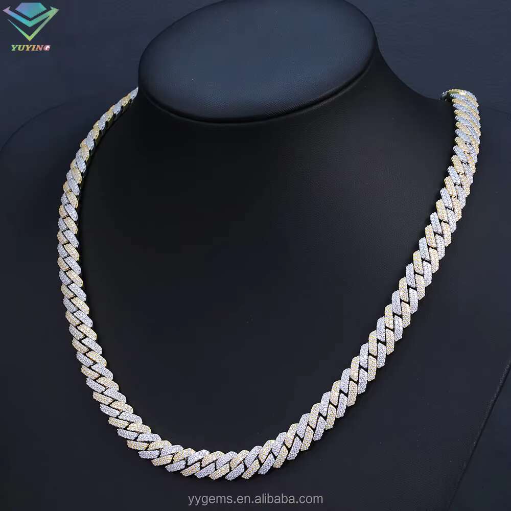 Yu Ying Pass Diamond Test 12mm Wide 2Rows Cuban Link Chain 925 Silver Hip Hop VVS Moissanite Chain Mens Jewelry