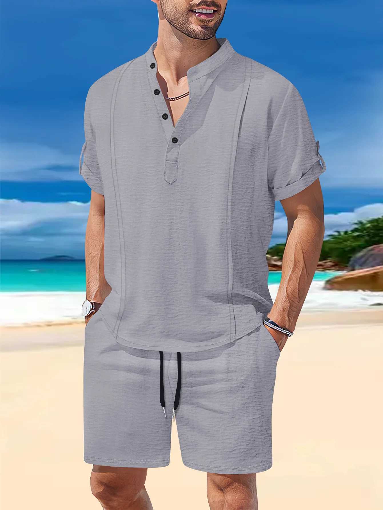 2025 Summer Mens Solid Color Henry Neck Short Sleeve Daily Leisure Outdoor Beach Style Brushed Shorts Two Piece SetXJ250412