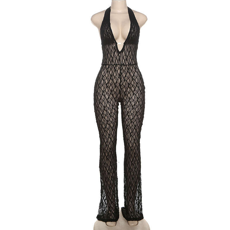 Women's Wear Autumn New Women's Sexy And Fashionable Hanging Neck Deep V-Neck Perspective Lace Strap Back Jumpsuit