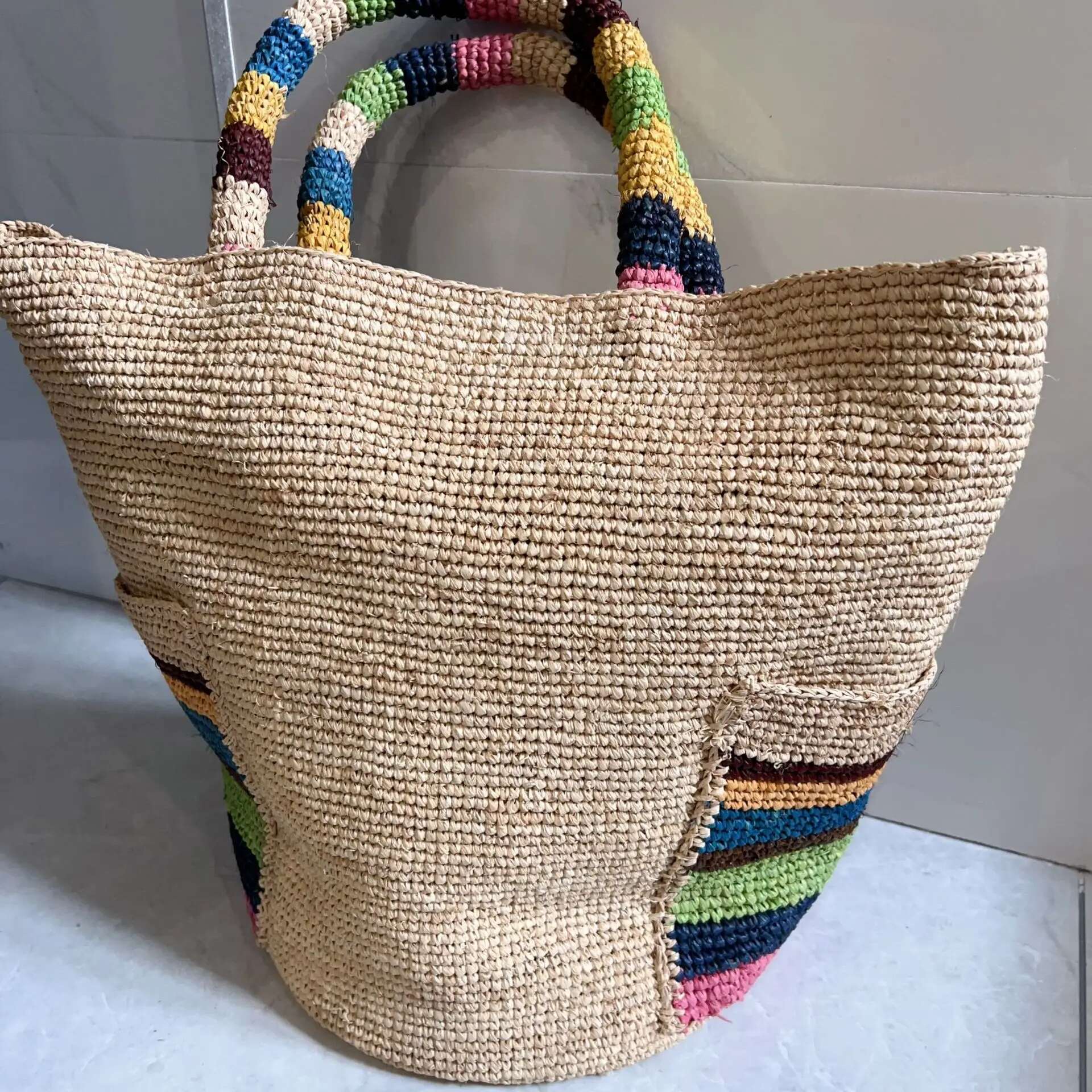 Summer Color Strip Straw Handmade Woven Rattan For Women Handbag NEW Raffia Beach Shoulder Bag Shopper Bucket Bags Tote