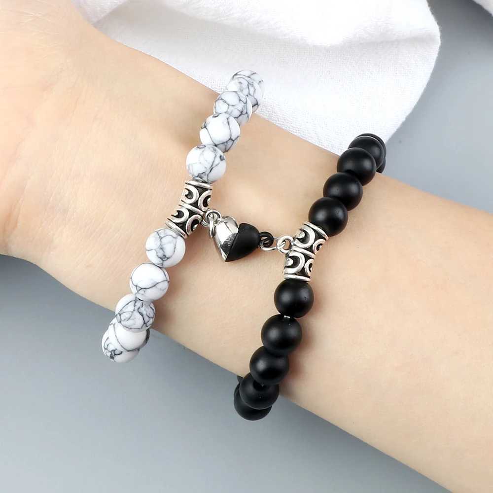 Hot Couple Yin Yang Bracelet Set Men 8mm Natural Stone Heart shape Magnet Love Braclet for Women Friendship Fashion Jewelry GiftC250411