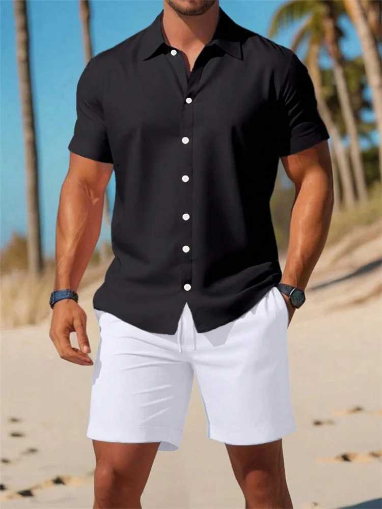 Summer mens solid color short sleeved shirt set with lapel button up front shirt sports and casual shorts set Hawaiian vacation suitXJ250412