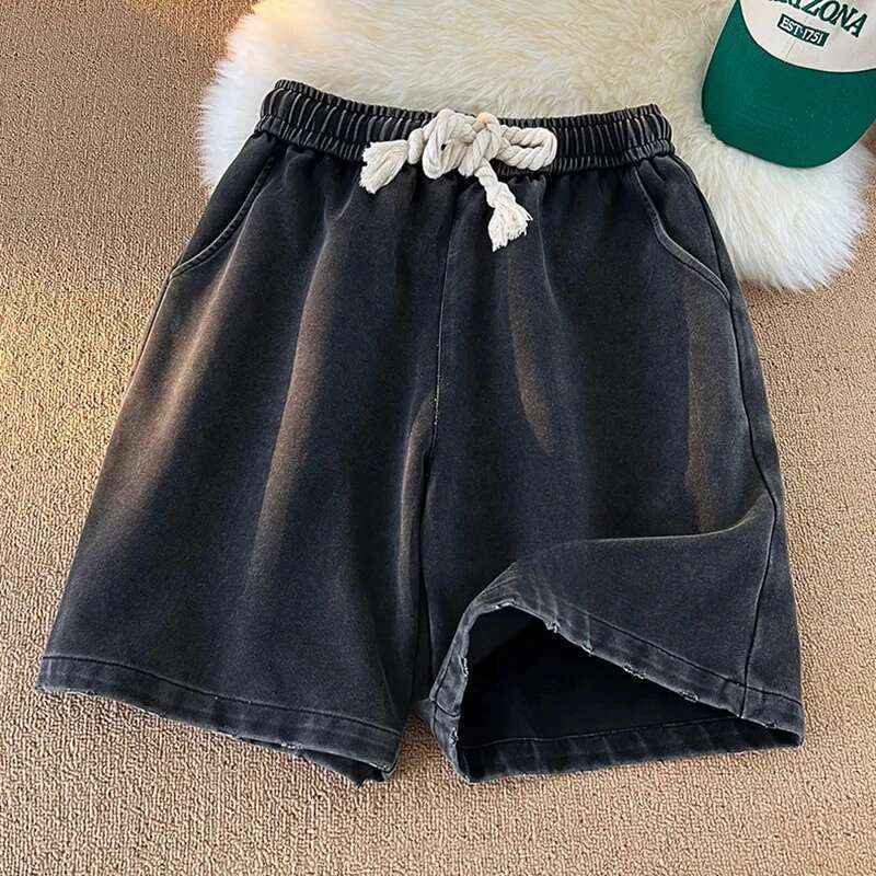 Plus size hip hop summer casual gothic washed men's solid color y2k ins knee-length shorts