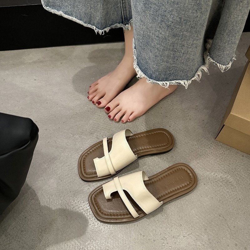 Set toe slippers women summer fashion retro Roman flat girls casual non-slip home platform sandals wear black white brown free shipping