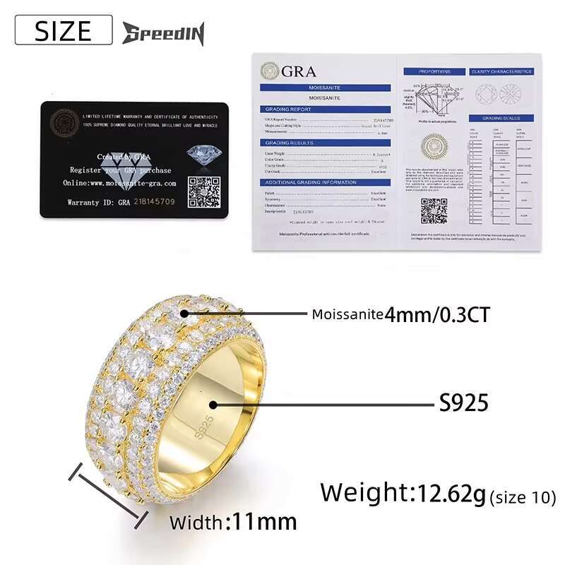 Hip Hop Iced Out 925 Silver Pass Diamond Tester 5 Rows VVS Moissanite GRA Rapper Dazzling Sparkly Eternity Band Ring for Men