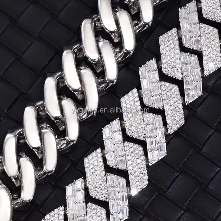Customized Luxury 22mm Width Mens Link S925 Silver with Iced Out Vvs Moissanite White Gold Plated baguette Cuban Chain