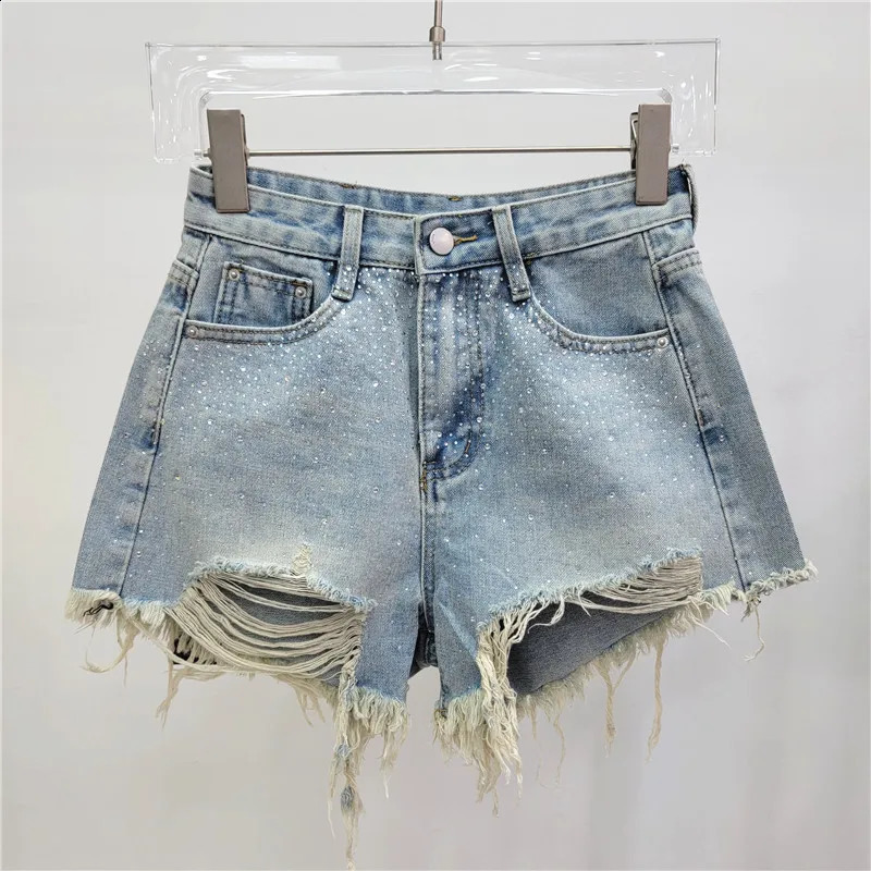 Fashion Diamond Hole Denim Shorts for Womens 2025 Summer High Waisted Jean Booty Shorts Feminino 250411