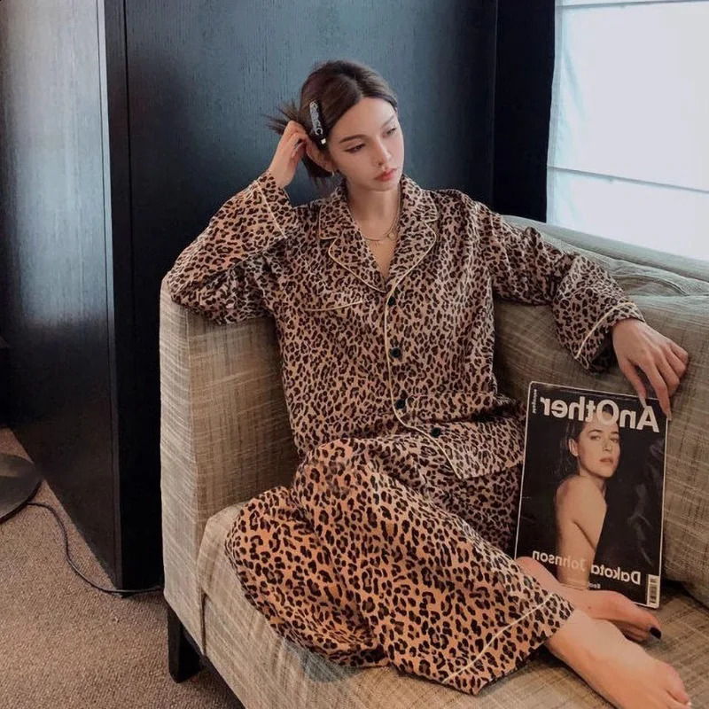 Leopard Sleepwear Women Pajama Sets Korean Piiama Long Sleeve Pants Sets 2 Pieces Spring Night Wears Button Home Suit 250411