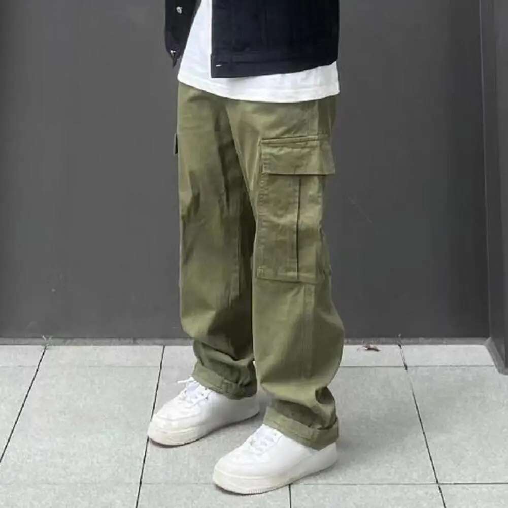 Cargo Pants Retro Solid Color Elastic Waist Wide Leg Multi Pockets Men Straight Deep Crotch Male Long Trousers