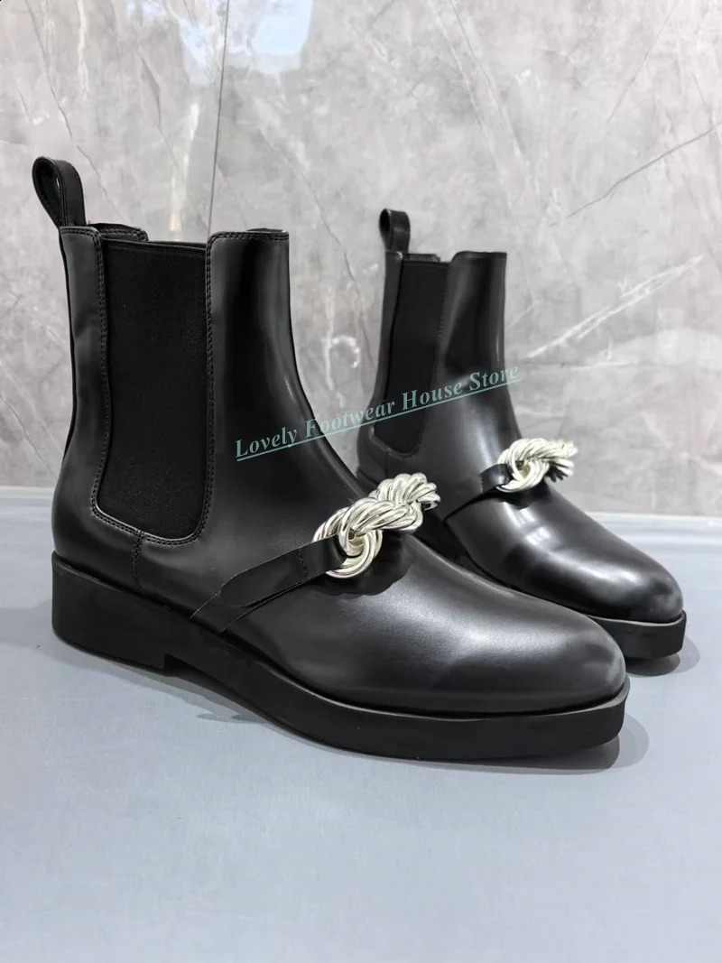 Style Metal Chain Decoration Man Black Genuine Leather Ankle Boots Spliced Knit Elastic Low Heel Male Slip On Boots Shoes 250411