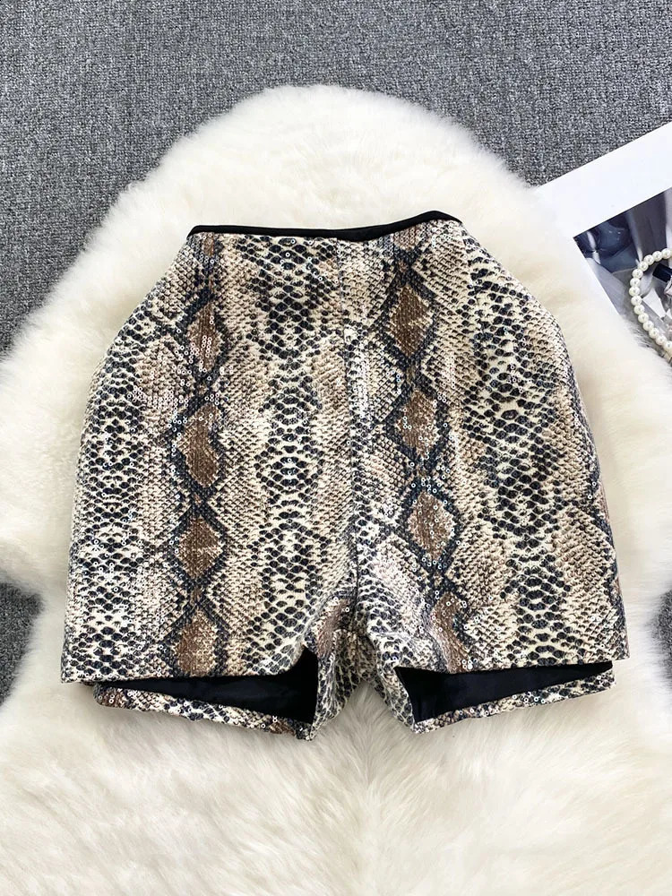 PREPOMP Fashion Sexy Womens Sequins Leopard Short Autumn Collection High Waist Wide Leg Short Pant Female Trendy GM787 250409