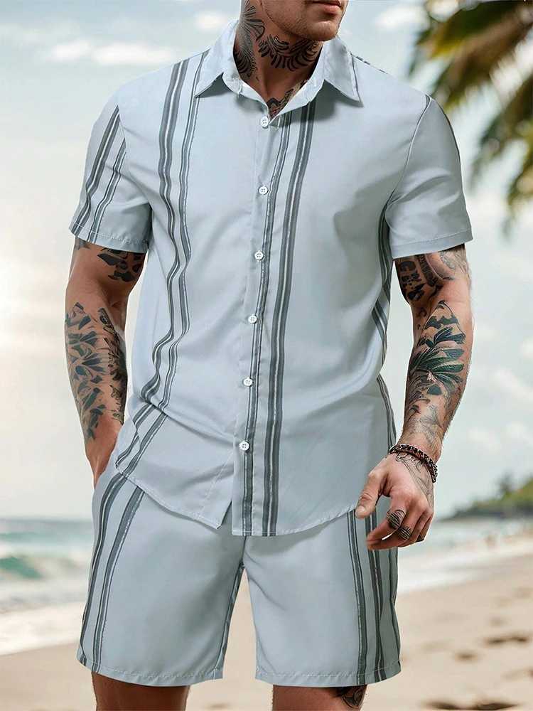 Summer daily mens short sleeved street fashion beach shorts patch work striped printed mens casual shirt and shorts setXJ250412