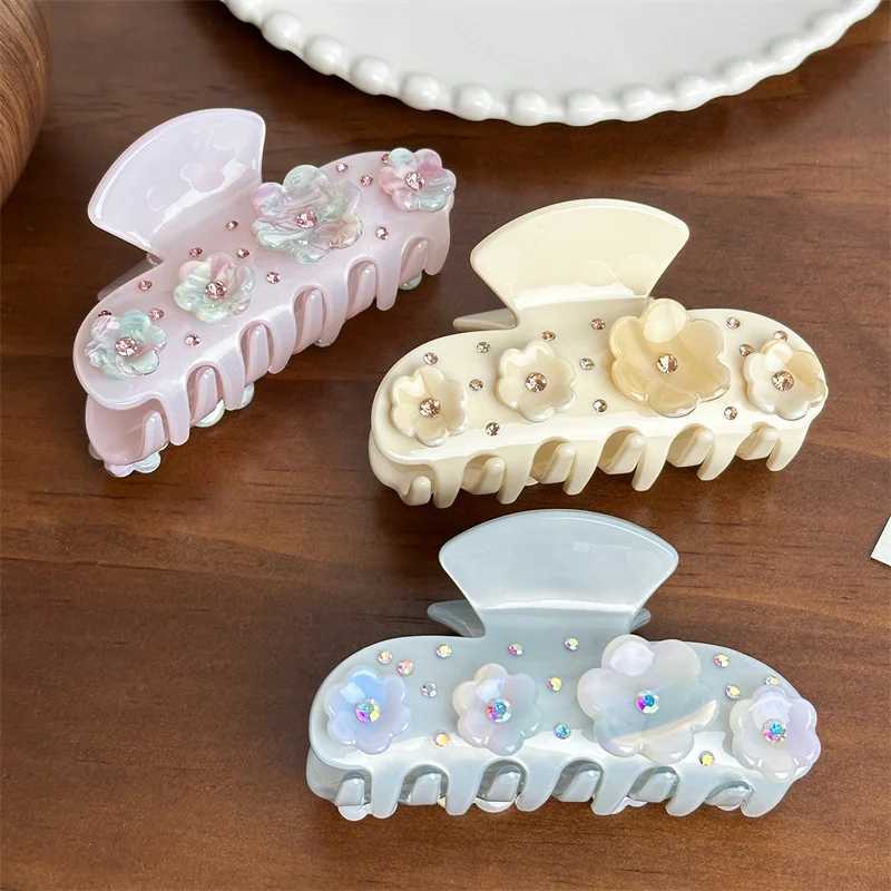French vintage medium-sized acetate hair clip high-end rhinestone flower crab clip womens hair clip Y2504012