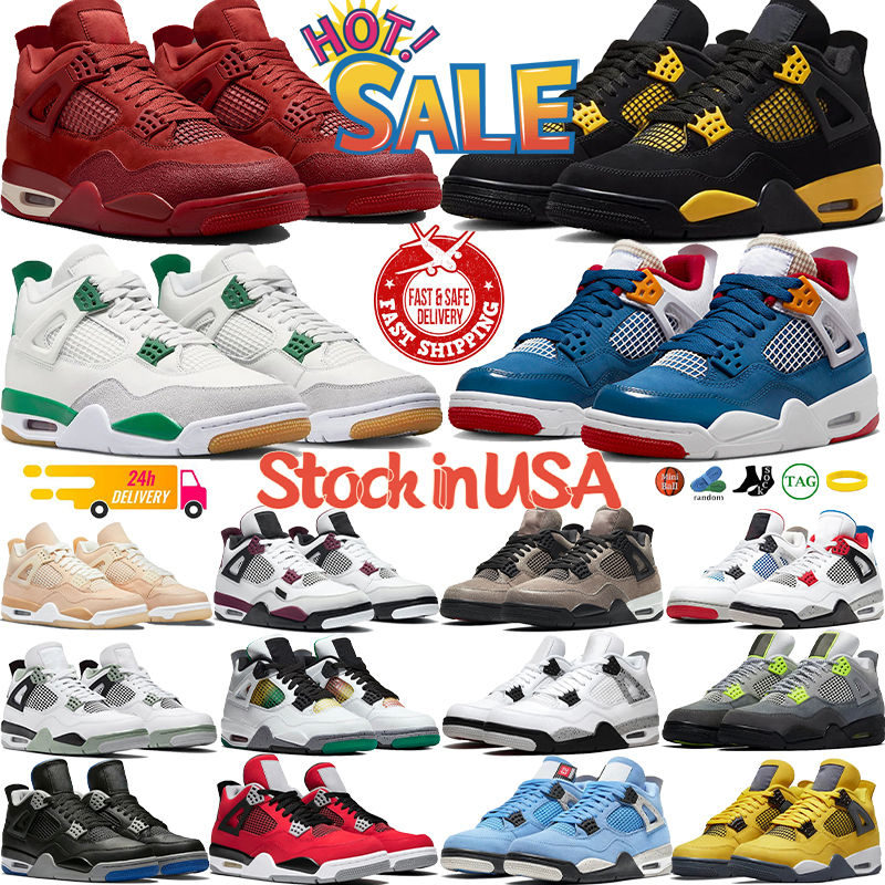 Stock in USA 4 Basketball Shoes Local warehouse low Designer sneakers Mens shoe 4s Black Cat university blue womens trainers Sneaker red cement thunder size 36-47