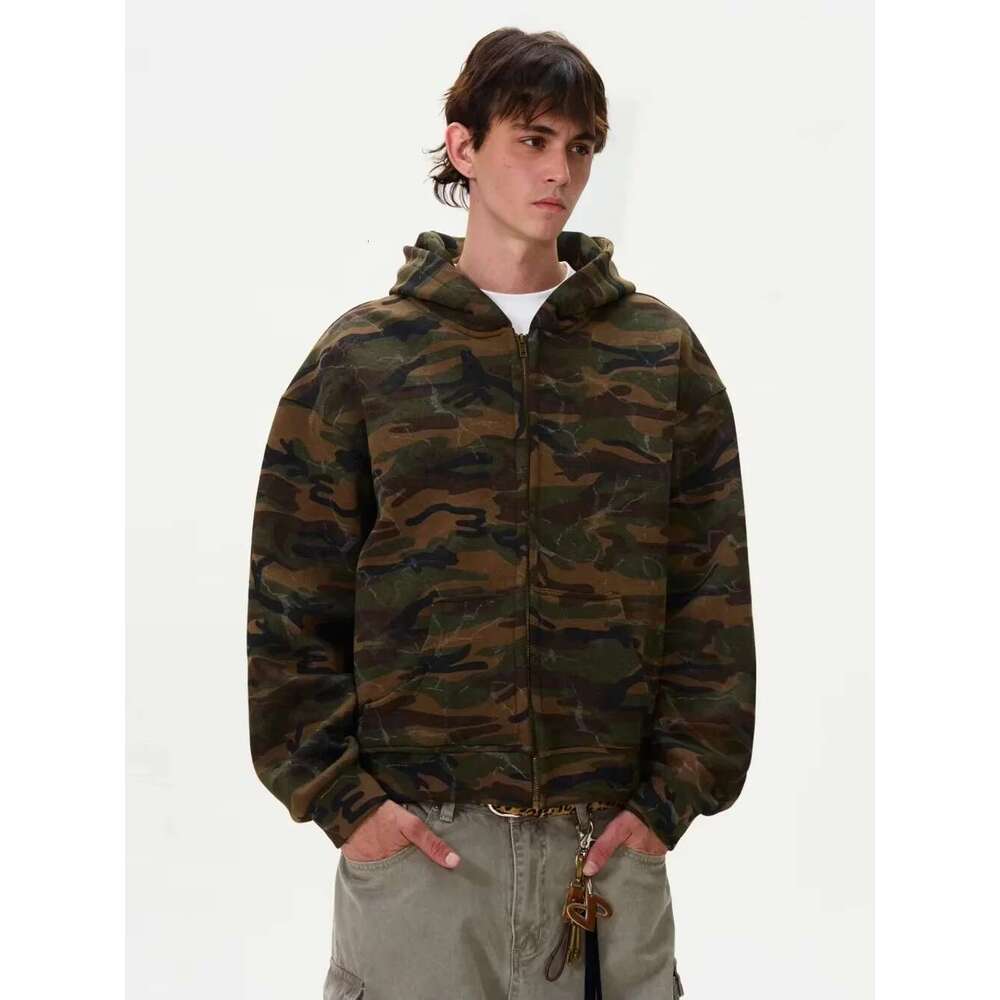 Vintage Corrugated Washed Camouflage Hooded Jacket Haruku Streetwear Zip Up Hoodies