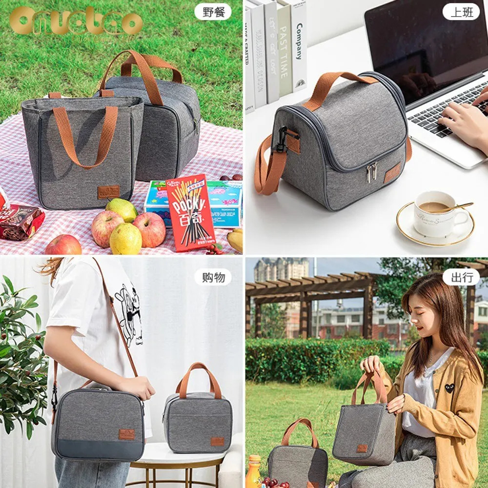 lunch bag gray Oxford cloth aluminum foil insulated shoulder bag waterproof picnic cooler bag 250410