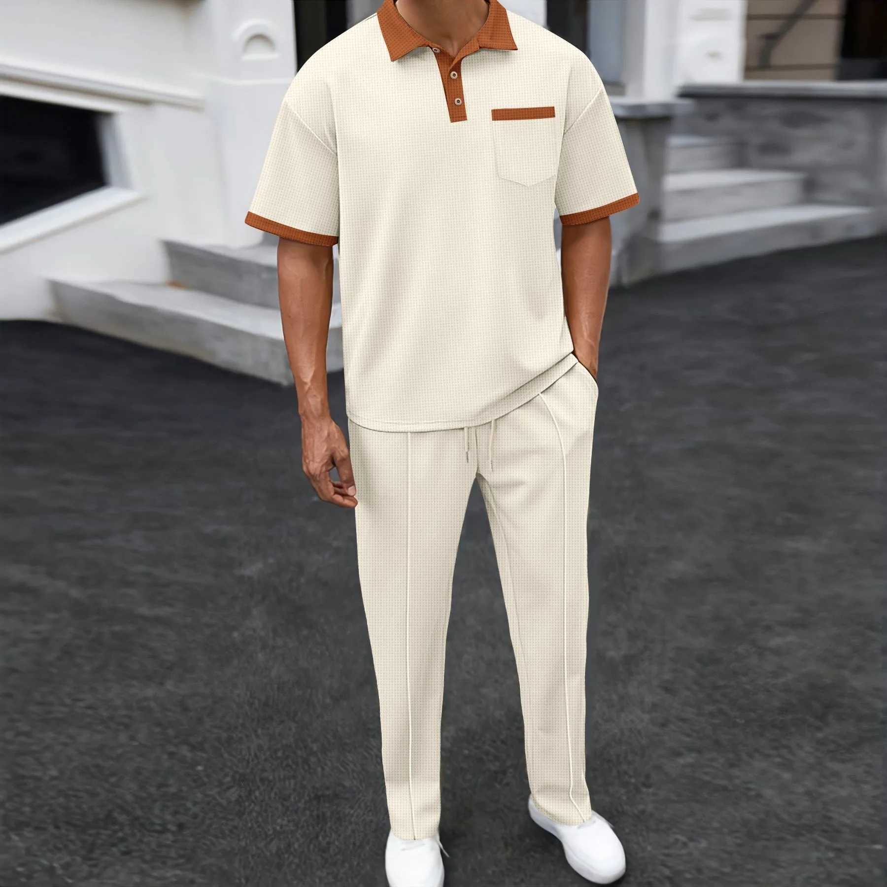 2025 Summer Mens Solid Color Waffle Neck Casual Pocket Polo Short Sleeve Pants SetXJ250412