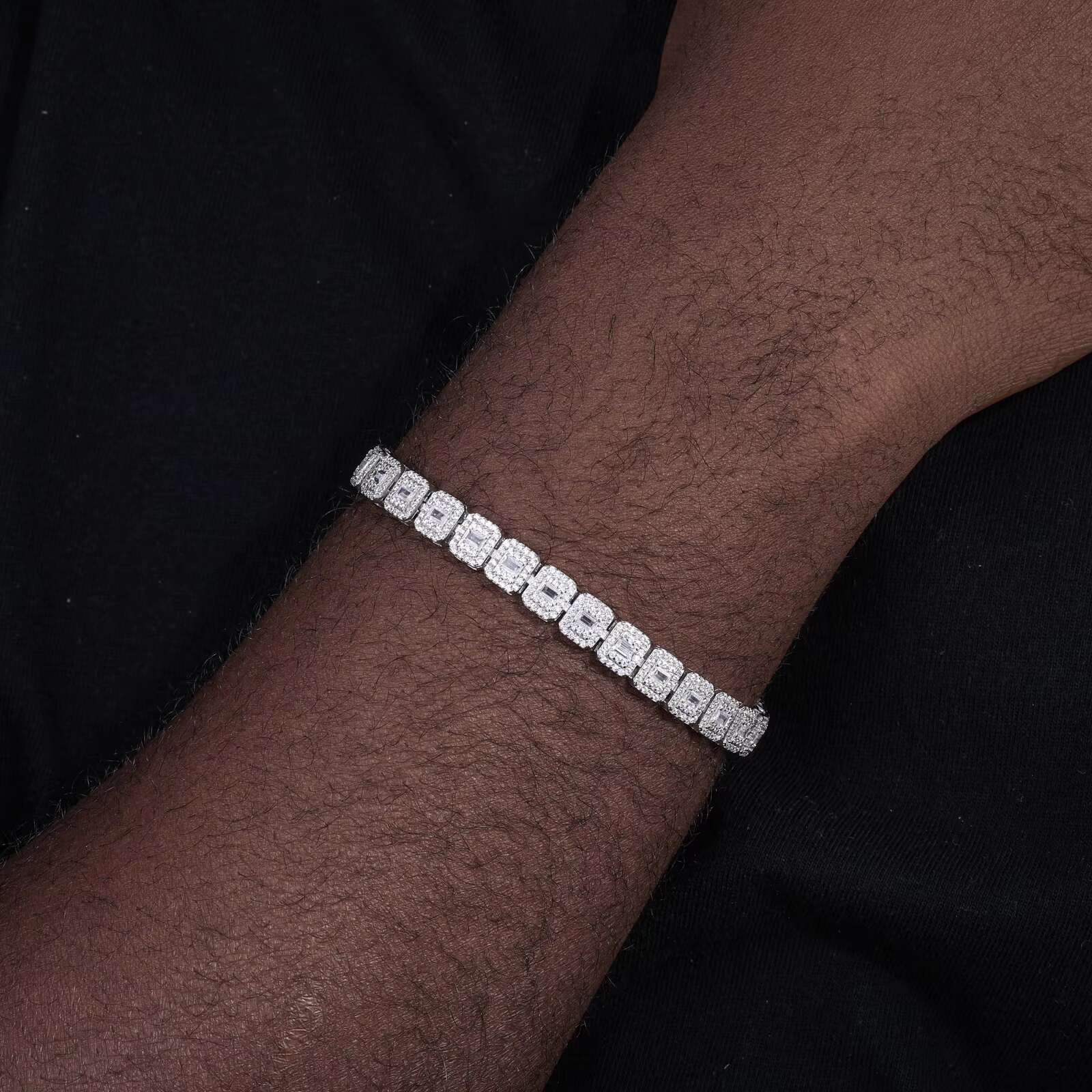 New Arrival Stylish Jewelry 7.5mm 925 Sterling Silver VVS Baguette Moissanite Diamond Geometric Iced Out Tennis Chain Bracelet