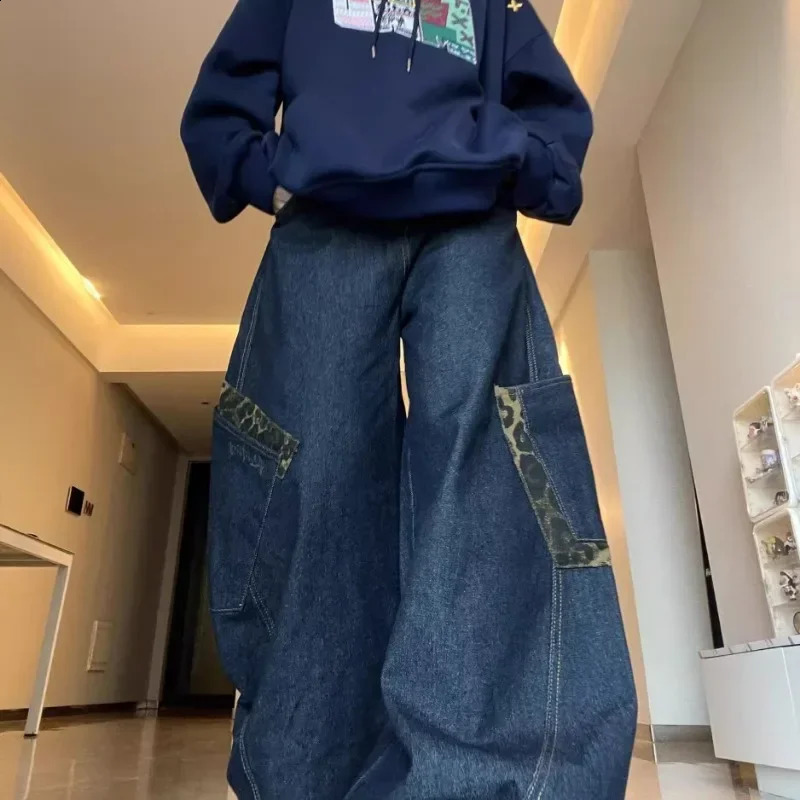 Deeptown Y2K vintage womens jeans large pocket curved knife leopard wide leg denim cargo pants Harajuku bagged autumn mens clothing 250410