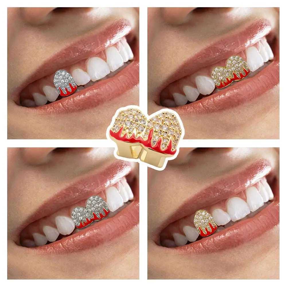 Double Toothed Grillz Silver Plated Gold Plated Top Right Side Dog Double Toothed Grills Full Rhinestone Cap Jewelry Mens Style W250412