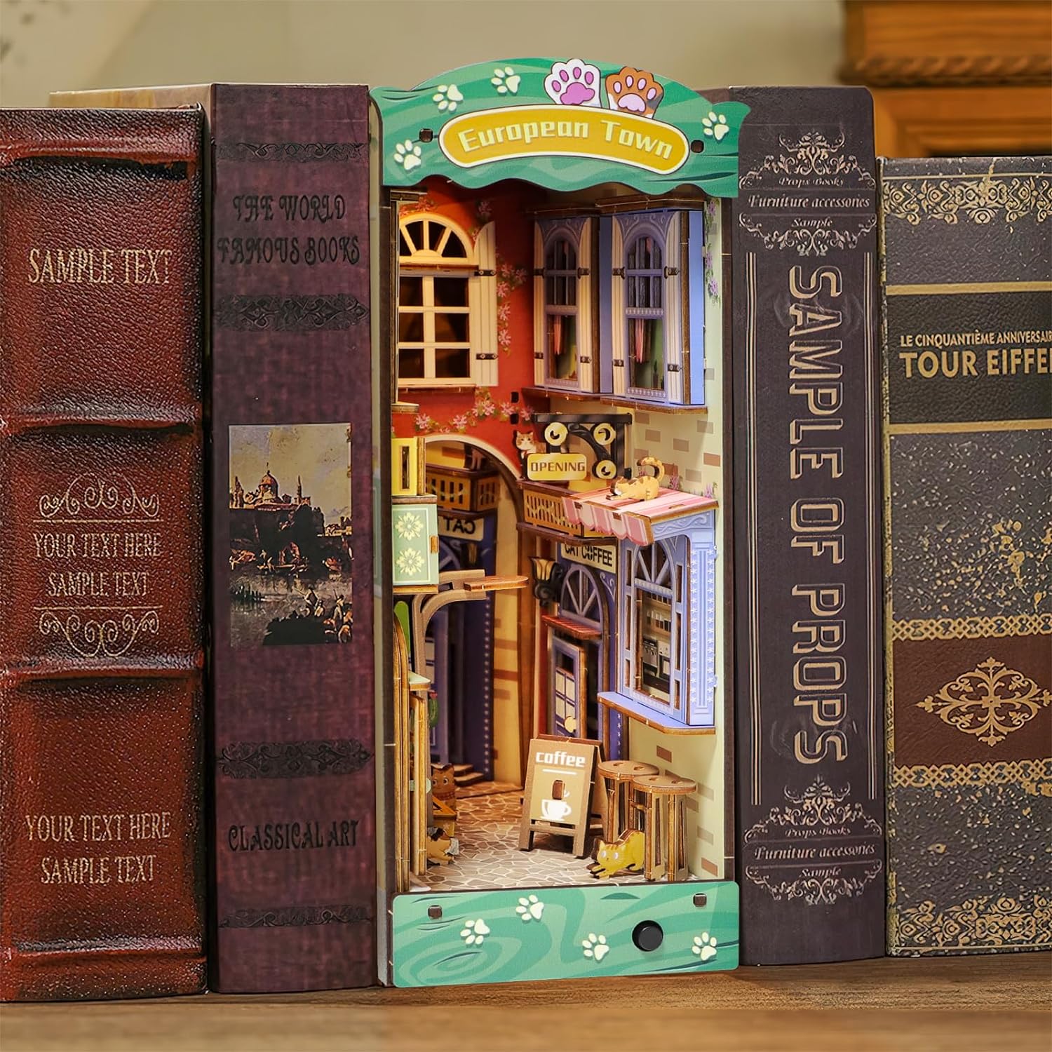 Cat Street Gallery DIY Assembled Bookend, Exquisite Cat-Themed Dollhouse with Light Effect, Creative Bookshelf Decoration & Puzzle Craft-L0314P