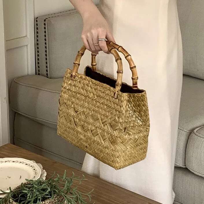Vintage Handbag Bamboo Knot Wooden Handle Water Grass Woven Women Seaside Vacation Travel Beach Bag Picnic Vegetable Basket