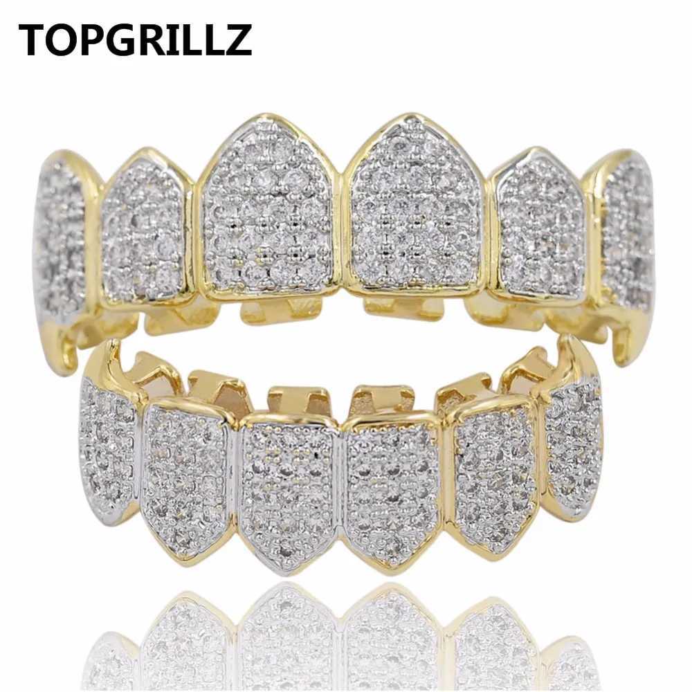 TOPGRILLZ Hip Hop Grill Iced Out AAA Zircon Square Teeth Grill Cover Top and Bottom Grill Set Mens Vampire Grill W250412
