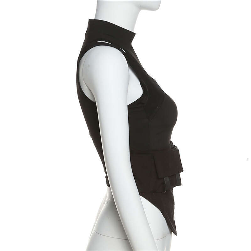 Women's Wear Feng Spring/Summer Women's New Fashion Mesh Splicing Velcro Solid Color Round Neck Waist Tight Top