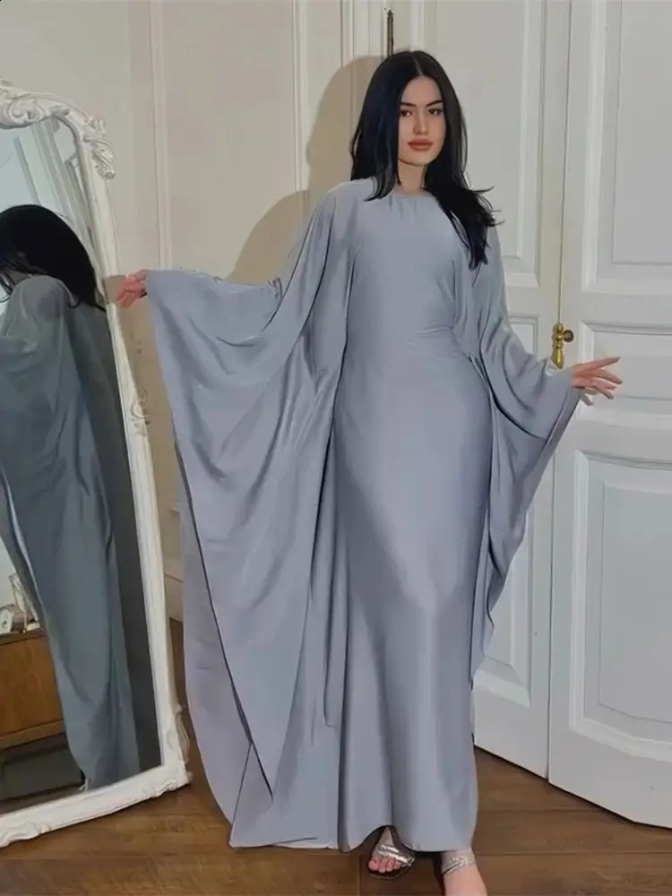 Eid al Fitr Shining Batwing Satin Dubai y Muslim Abaya Women Maxi Kaftan Dress Islamic Clothing Moroccan 250411