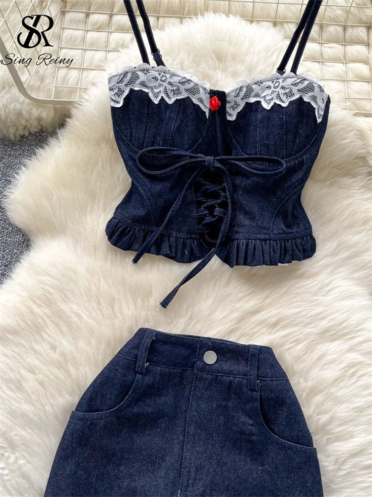 SINGREINY American sweet Denim Suits Lace Strapless Strap Tank TopPockets Mini Skirt Summer Female Streetwear Two Piece Set 250411