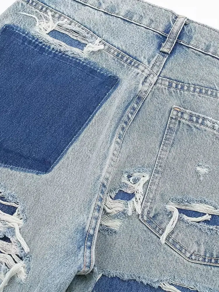 Womens Street Fashion Denim Blue Jeans Distressed Patchwork High Waist Zipper Fly Ripped Retro Long Pants Z260313