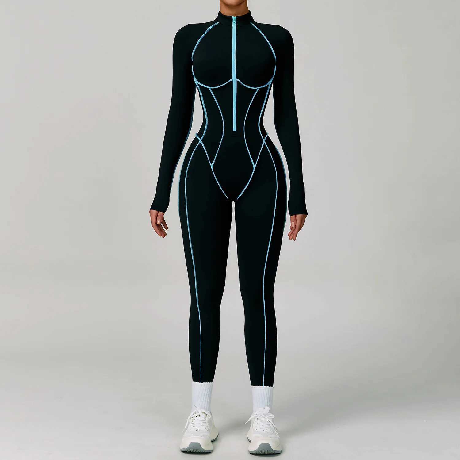 Yoga Boilersuit Long Sleeved Womens Sportswear Gym Set Zipper Jumpsuits Workout High-intensity Fitness One-piece Color Blocking J251112