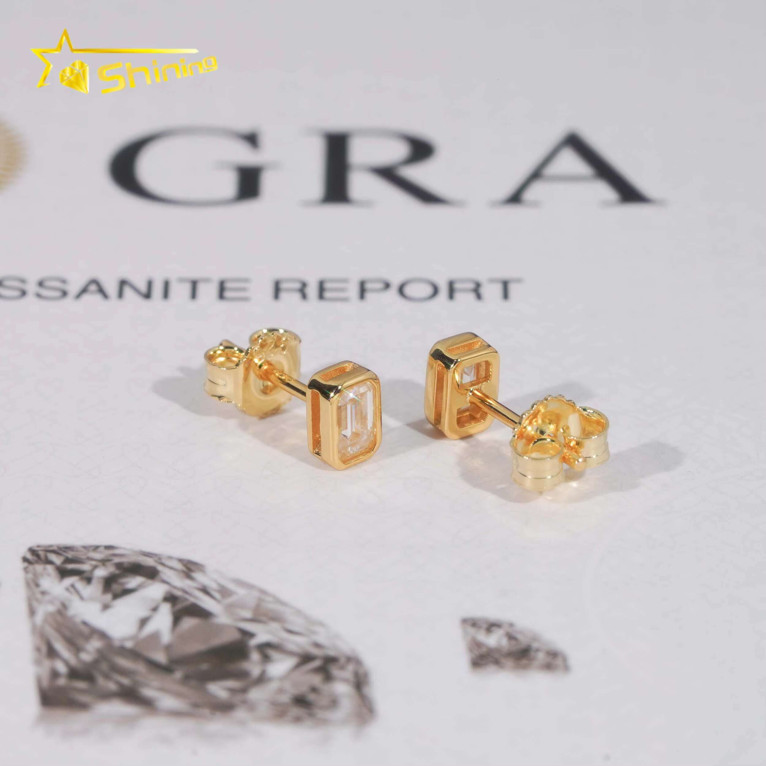 New Arrival Hip Hop Gold Plated Bezel Setting Emerald Cut Moissanite 925 Silver VVS Diamond Earrings