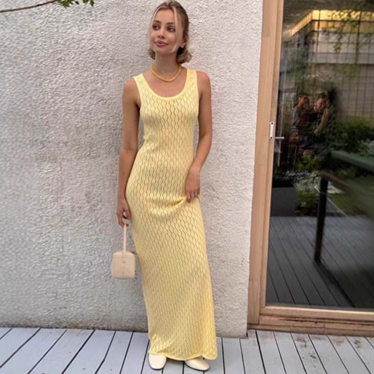 L49Sexy Knitted Hollow Long Skirt with Solid Colors & Slim Suspender Style for Summer 2025