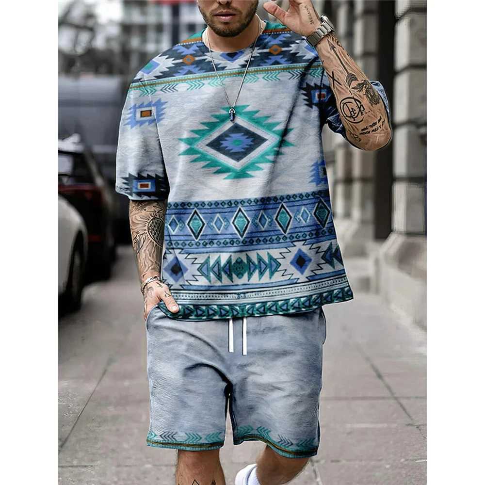Summer retro ethnic style mens shorts set casual T-shirt+shorts 2PCS set 3D printed mens oversized O-neck sports shirtXJ250412