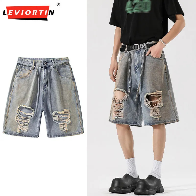 Mens denim shorts summer long street retro style Distressed Ripped five quarter pants 250411Z