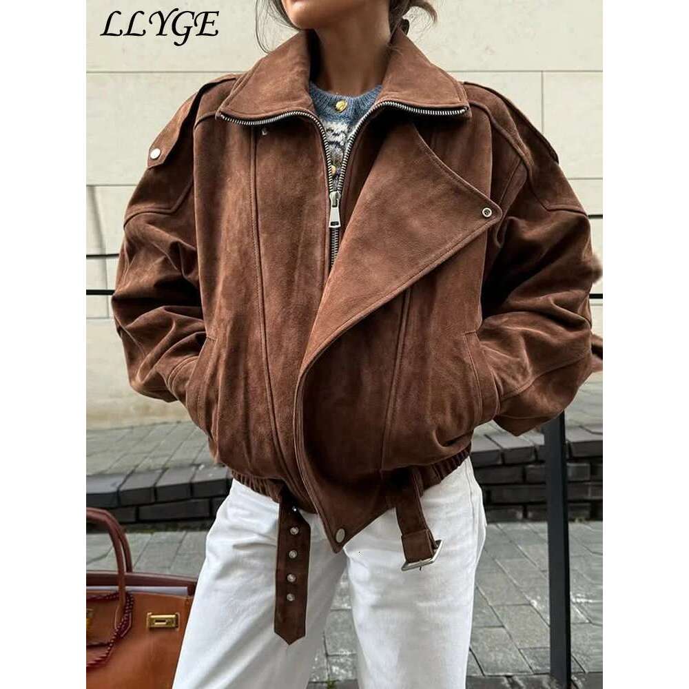 Designer Clothes Street Women's Belt Short Suede Jackets Loose Lapel Full Sleeve Zipper Female Coats 2025 Spring Lady Vintage Patchwork Outwear
