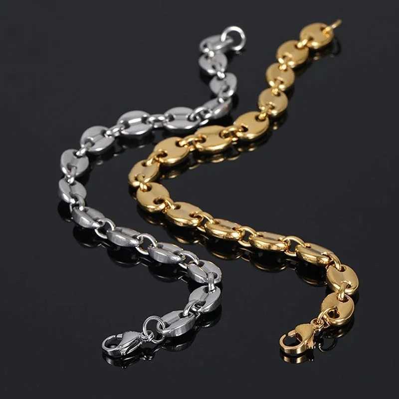 New Coffee Beans Pig Nose Chain Bracelet Men Stainless Steel Jewelry Polished Strong Real Gold Plated ColorC250411