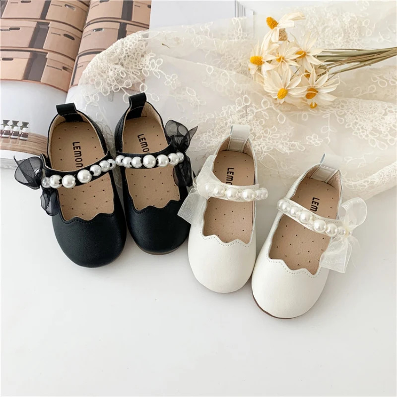 Girls pearl mesh bow soft soled flat shoes for babies breathable and anti slip princess single shoes for children aged 1-8 250411