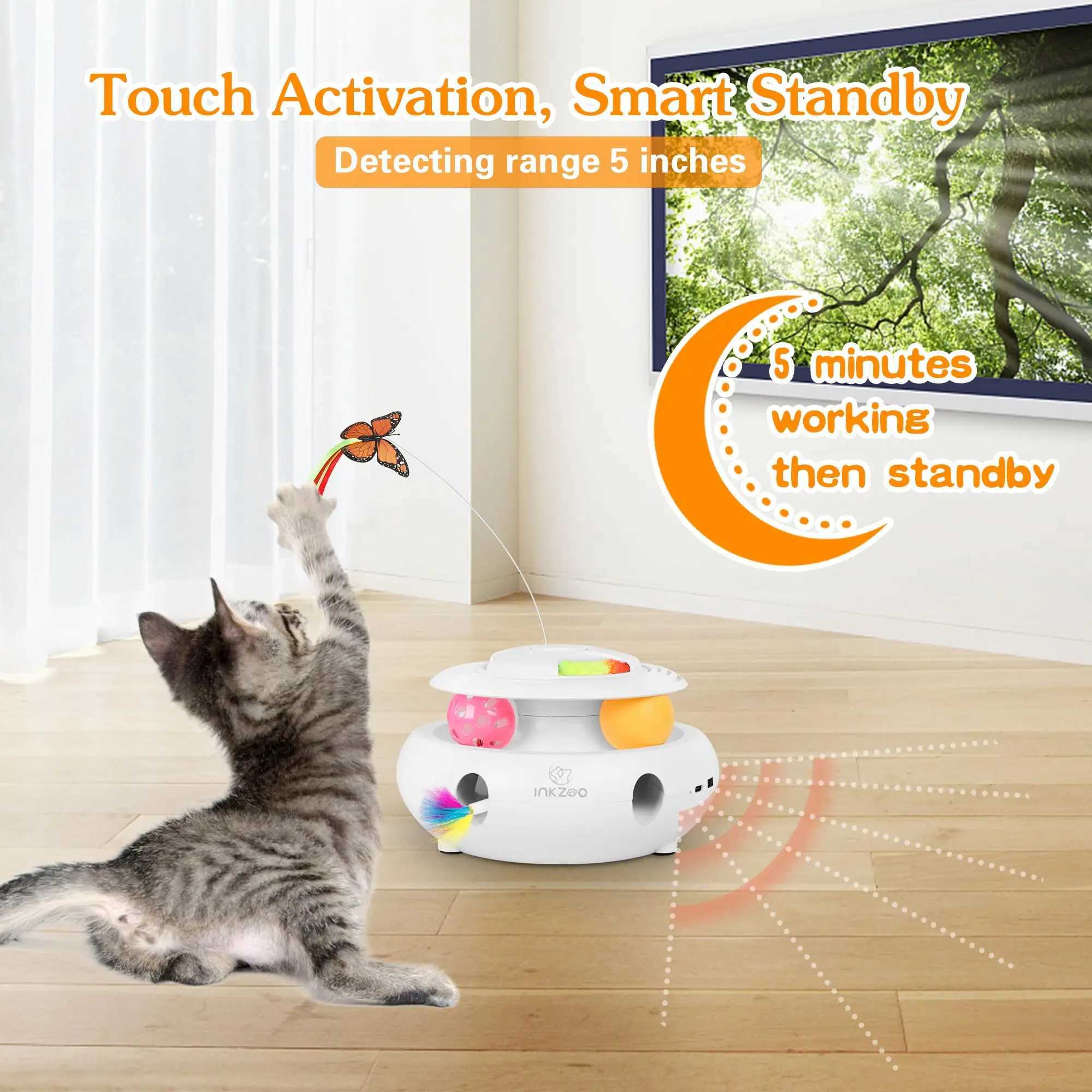 4-in-1 Interactive Cat Toys for Indoor Automatic 6 Holes Mice Whack-A-Mole Fluttering Butterfly Track BallsUSB Rechargeable Y250412