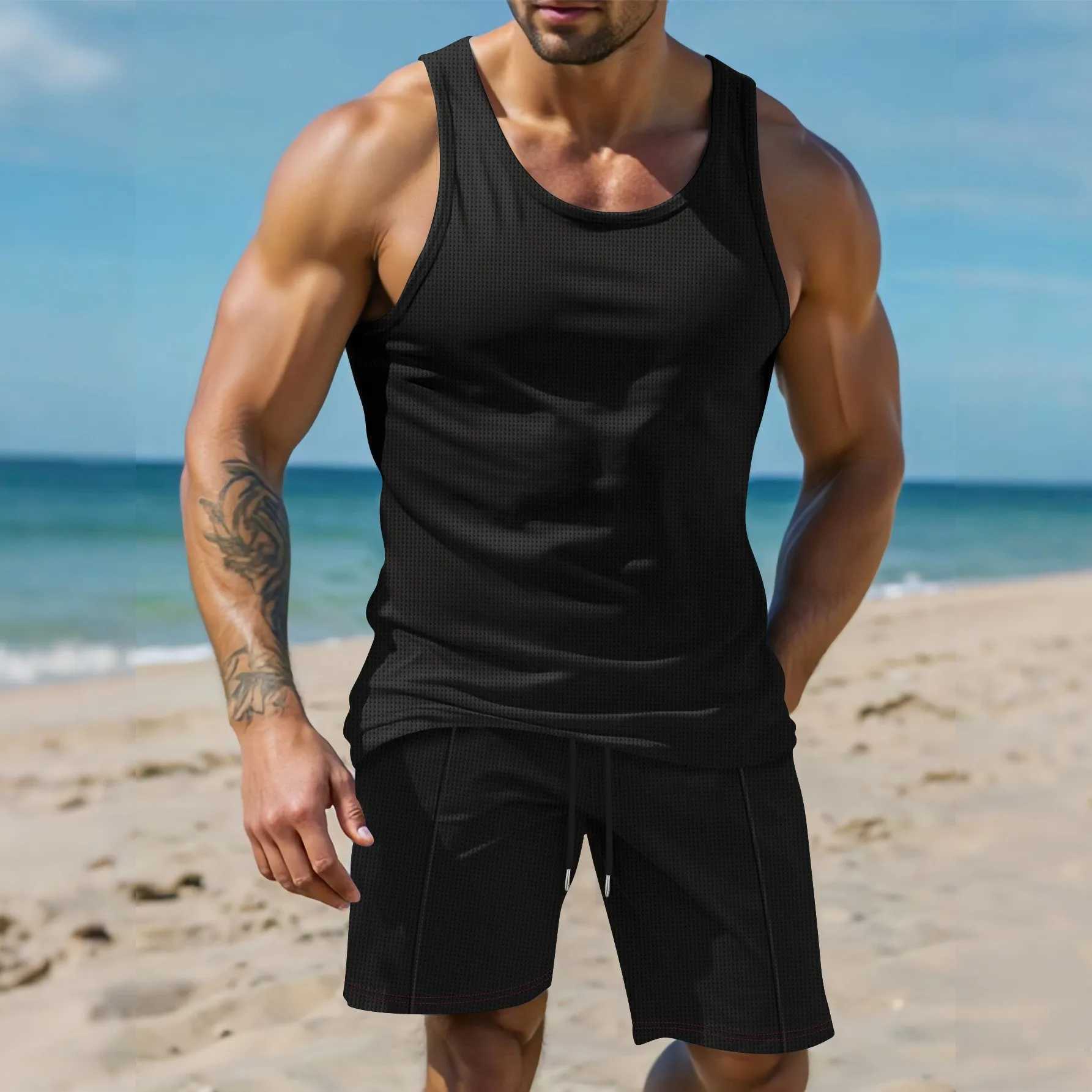 2015 new mens sports and leisure solid color breathable waffle thin summer vest drawstring shorts two setsXJ250412