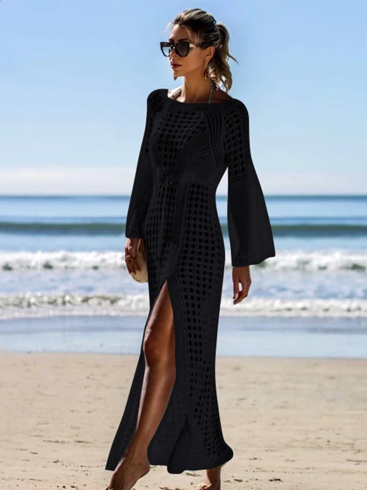 OIINAA Beach Cover-Ups Women Swimsuit Cover Up Solid Hollow Out Lace Up Long Sleeve Slit Cut Beach Long Dress Summer Fashion 250411