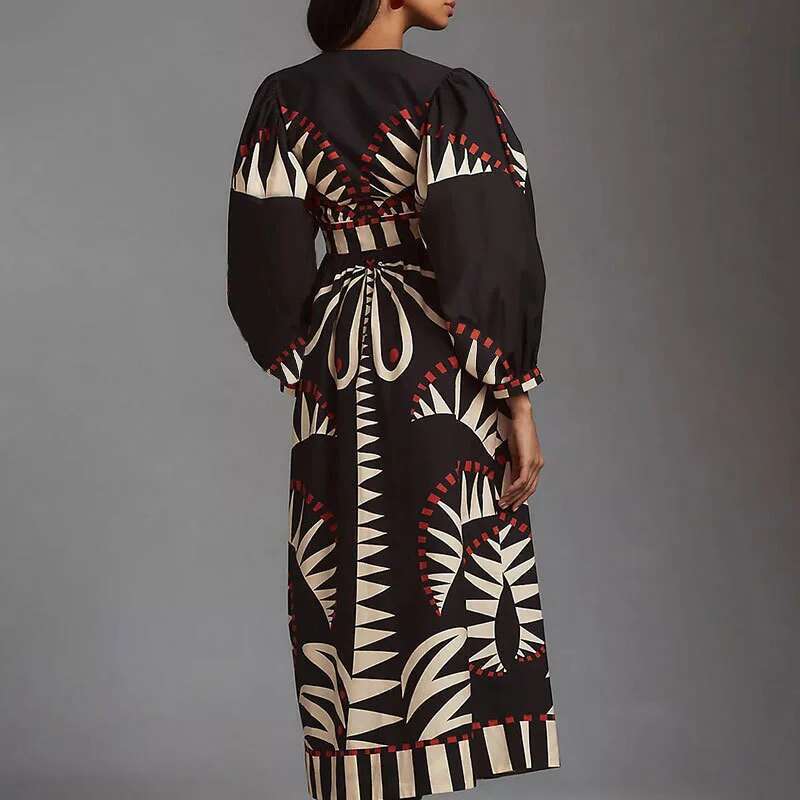Summer Fashion Pattern Print Long Spring Elegant Deep V-Neck Split Bohemian Women Casual Lantern Sleeve Party Dress