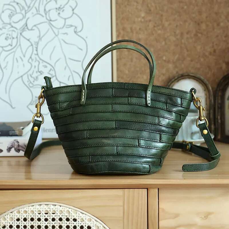 Head Layer Tanned Cowhide Hundred Small Vegetable Basket Splicing Women's Bag Single Shoulder Crossbody Handheld Retro