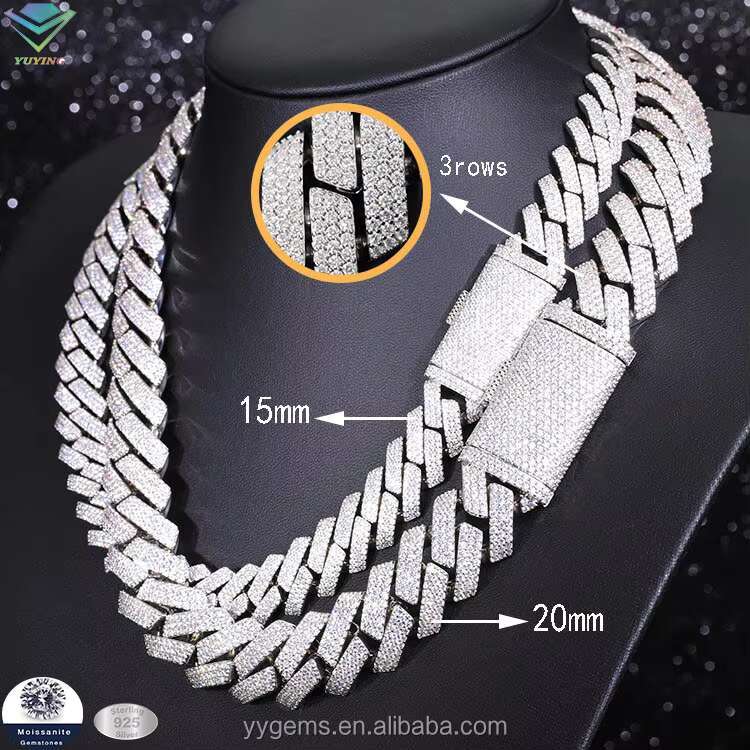 Rts 925 Silver 20 mm Wide 3 Rows ICED OUT Cuban Link Chain with GRA Vvs Diamond Moissanite for Rapper Hiphop Jewelry