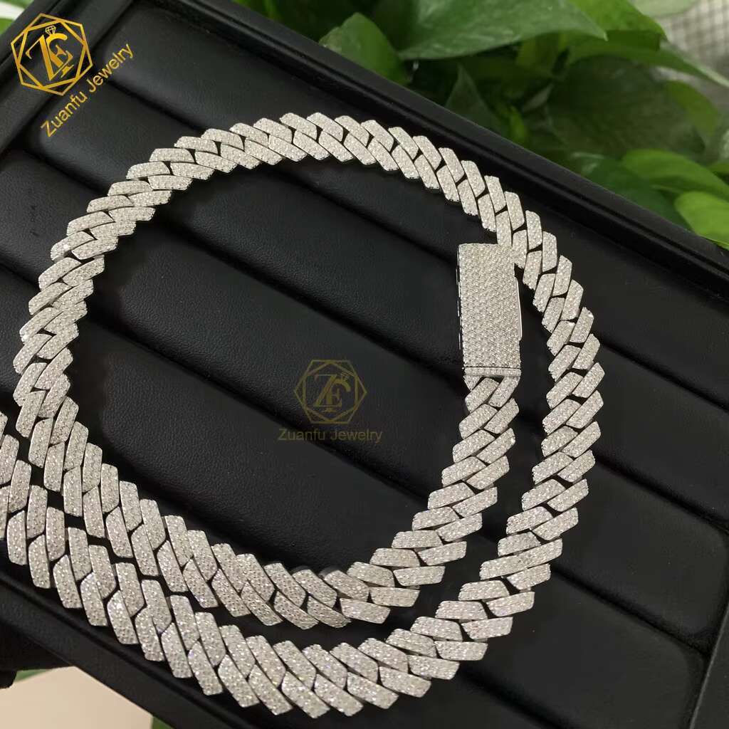 Custom 15mm Cuban Chain Hip Hop Iced Out Jewelry Moissanite Diamond 925 Sterling Silver Cuban Link Chain