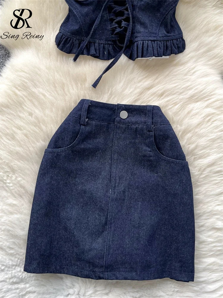 SINGREINY American sweet Denim Suits Lace Strapless Strap Tank TopPockets Mini Skirt Summer Female Streetwear Two Piece Set 250411