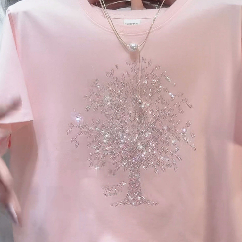 Designer's high-end women's T-shirt 2025 summer heavy industry diamond hot stamping versatile short sleeved shirt regular slimming round nec