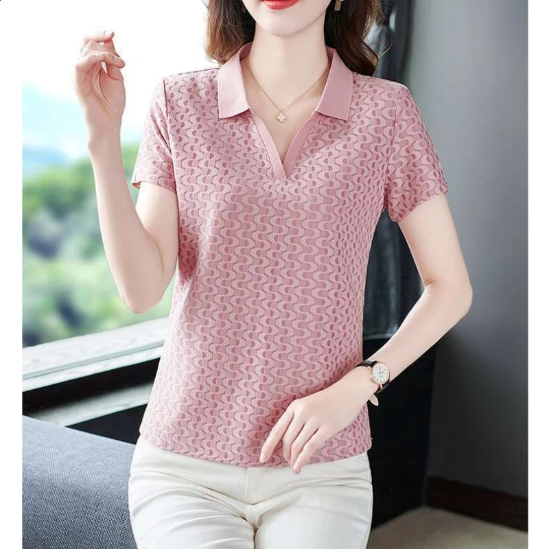 Short-sleeved T-shirt Womens Lapel Large Size Top Middle-aged Mothers Clothes Age-reducing Polo Shirt 250411
