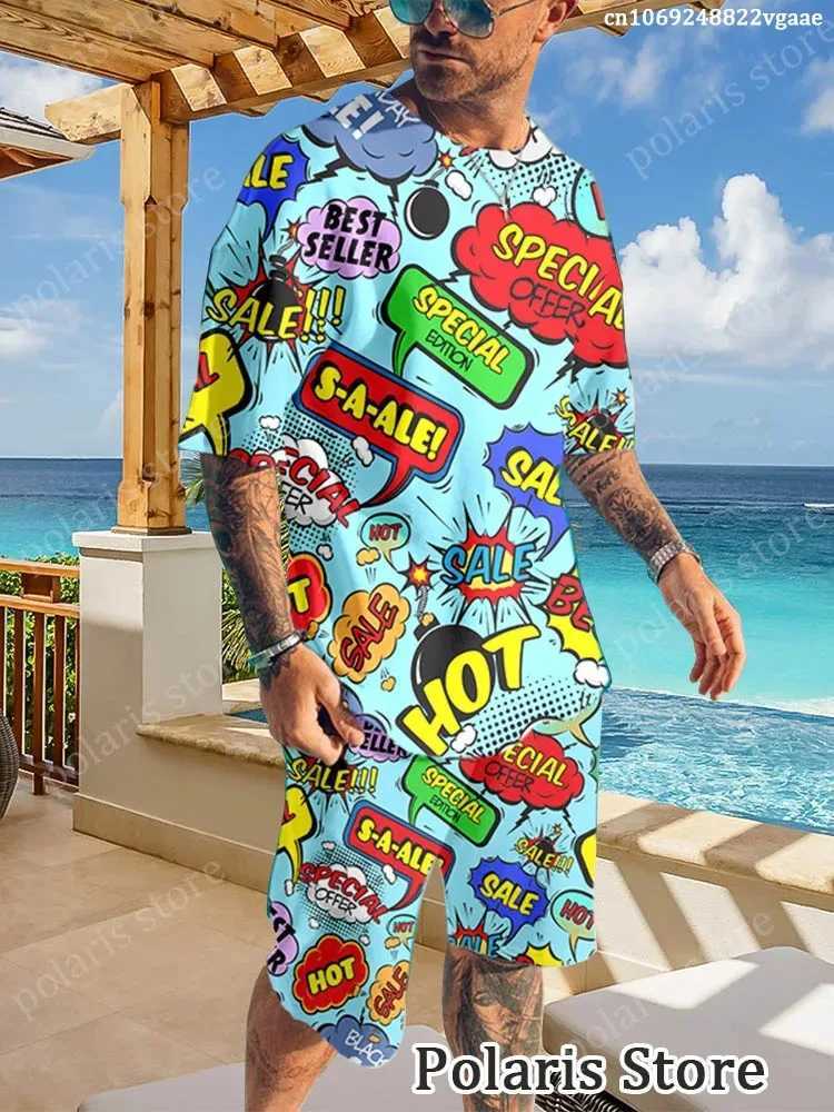 Summer Graffiti Sportswear Mens Fun T-shirt Set Manga Illustrations Loose Clothing Hip Hop Sportswear Two Piece Set Uniform LigXJ250412